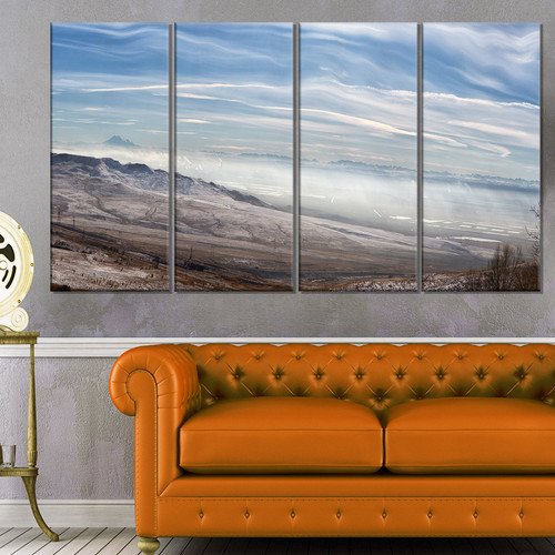Designart Winter Mountains in Caucasus-Oversized Beach Glossy Metal Wall Art, 28'' H x 48'' W x 1'' D 4P, Blue/White Designart Winter Mountains in Caucasus-Oversized Beach Glossy Metal Wall Art, 28'' H x 48'' W x 1'' D 4P, Blue/White