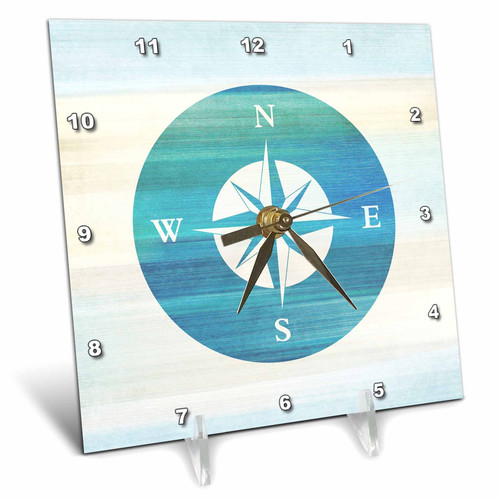 3D Rose 3dRose Aqua Nautical Compass Beach Theme Art-Desk Clock, 6 by 6-inch (dc_152107_1)