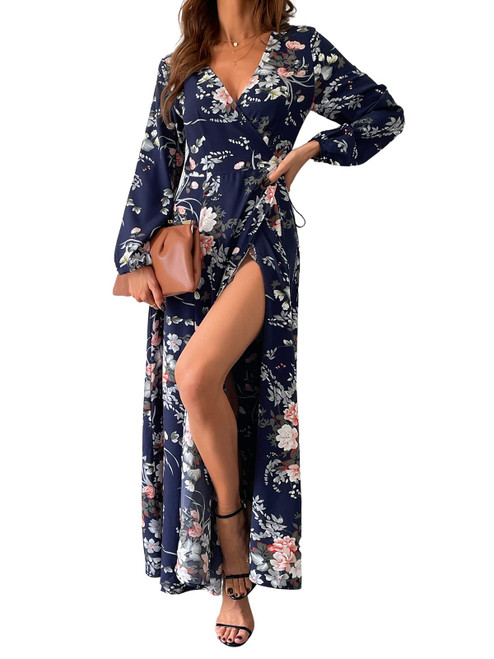 CUPSHE Women's V Neck Maxi Dress Long Sleeve Floral Print Flowy Sundress Wrap Dresses Multicoloured