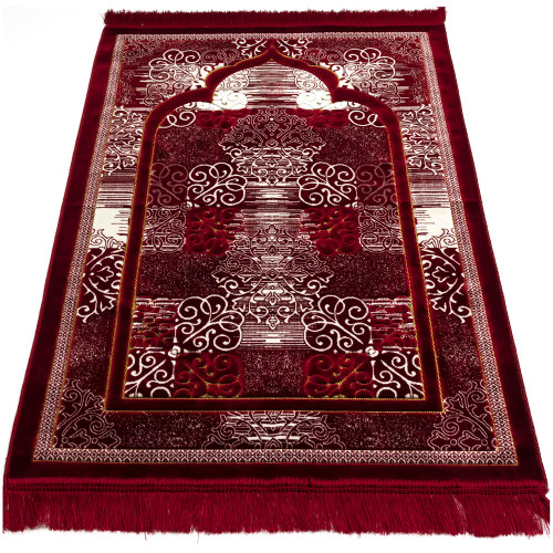 Modefa Turkish Islamic Prayer Rug - Soft Velvet Janamaz Praying Carpet - Comfortable Muslim Praying Mat for Men & Women - Ramadan or Eid Gift - Classic Elegant Swirl (Red)