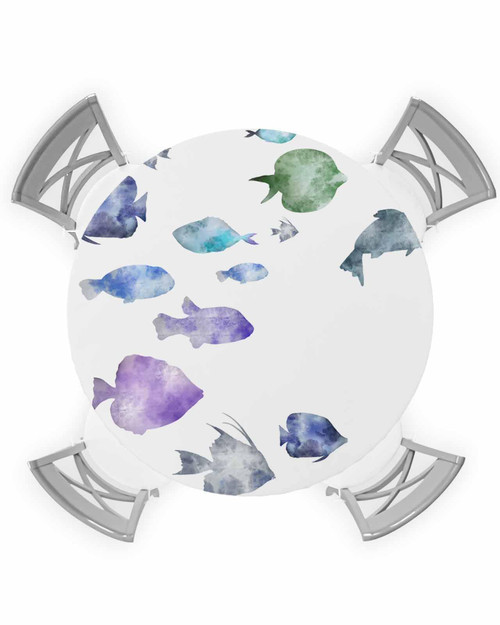 Lsrtoss Coastal Fish Round Tablecloth, Fitted Table Cover with Elastic for 45"-54" Round Tables, Watercolor Summer Beach Nautical Sea Table Cloth Outdoor Indoor Dinning Party Waterproof Tablecloths