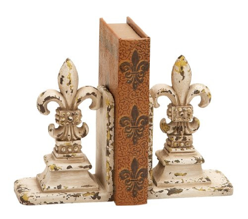 Deco 79 34844 Fleur-De-Lis Bookends, 11/9", Distressed Off-White Finish