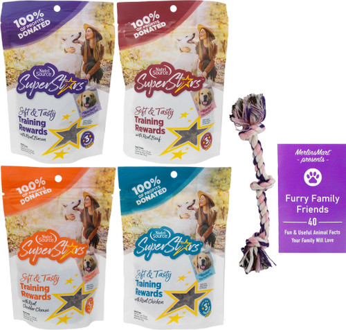 NutriSource Superstars Soft & Tasty Dog Training Treats 4 Flavor Variety - (1) Each: Chicken, Beef, Bacon Cheddar Cheese (4 Ounces) - Plus Rope Toy and Fun Animal Facts Booklet Bundle