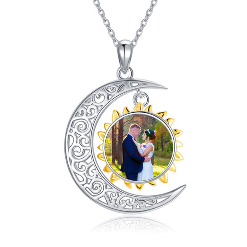 LONAGO Photo Necklace Personalized Crescent Half Moon Sun Star Filigree Custom Picture Image 925 Sterling Silver Pendant for Women Mom (Moon & Sun)