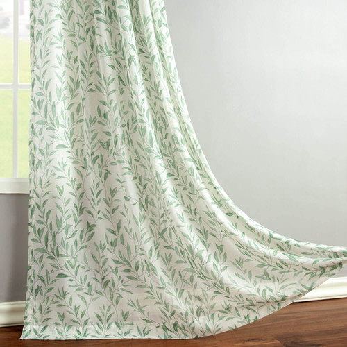 VOGOL Chiffon Green Sheer Curtains, 2 Panels Semi Sheer Rod Pocket Top Window Curtains for Bedroom and Living Room, 52 x 84 Inches, Green Leaves