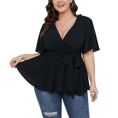SCOMCHIC Women Plus Size Top Short Sleeve Summer Pleated Blouse Wrap V Neck Flowy Black Tops Shirts 3XL