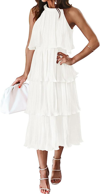 Thopavenoir Women Casual Halter Neck Midi Dress Layered Tiered Ruffles Chiffon Long Dresses Flowy Swing Summer Beach Sundress (White, M)