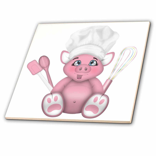 3dRose Cute Pink Chef Pig with A Spatula, Spoon, and Whisk Illustration - Tiles (ct-360345-6)