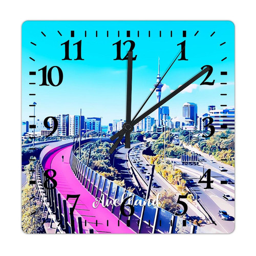 COCOKEN Auckland Wall Clock Auckland City Skyline Landscape Wooden Wall Clocks Battery Operated 15 Inch Non-Ticking Retro Cabin Wall Decor for Kitchen Bedroom Living Room Office