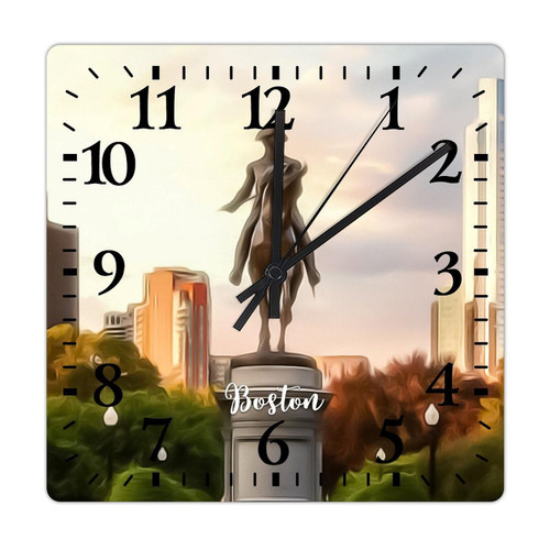 COCOKEN Square Wall Clock Boston Large Wall Clock Boston Scenery Cityscape 15in Square Silent Non-Ticking Unique Wood Clock for Home Office Classroom School Hotels Dog Lover Gift
