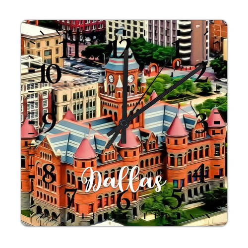 COCOKEN Dallas Wall Clock Dallas Scenery Cityscape Wooden Wall Clocks Battery Operated 15 Inch Non-Ticking Retro Cabin Wall Decor for Kitchen Bedroom Living Room Office