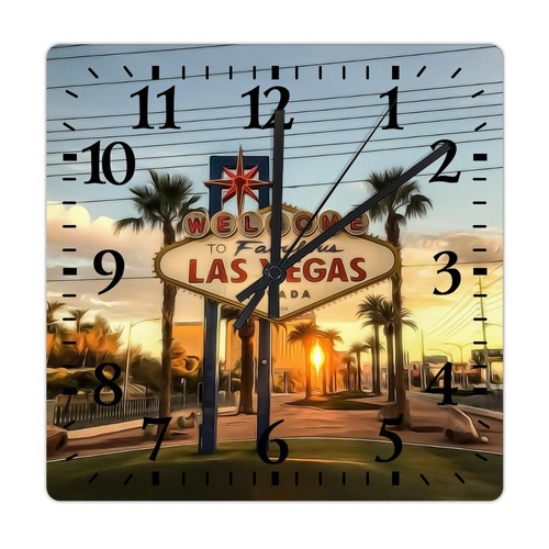 COCOKEN Las Vegas Wall Clock Las Vegas City Skyline Wooden Wall Clocks Battery Operated 15 Inch Non-Ticking Retro Cabin Wall Decor for Kitchen Bedroom Living Room Office