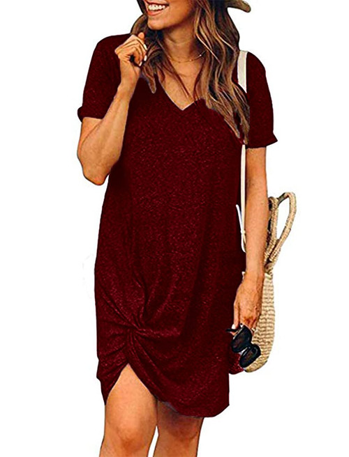 Locryz Women Casual Loose Soft V-Neck Short Sleeve Midi Swing T-Shirt Dress XXL Dark Red