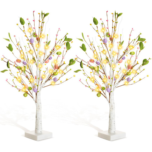 Glooglitter 2 Pcs 25 Inch Pre Lit Easter Egg Tree Decorations Battery Powered Easter Birch Tree with 24 LED Lights, Easter Birch Trees for Home Party Wedding Holiday Spring(Pink, Purple, Green)