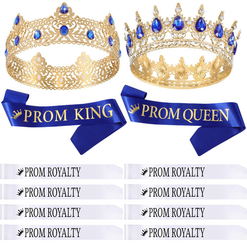 Saintrygo 12 Pcs Prom Crown and Sash Set, Prom King and Prom Queen Tiara Rhinestone Crown Glitter Sash Prom Court Royal Satin Sash for Graduation Prom Night Party Birthday Accessory (Blue,Elegant)