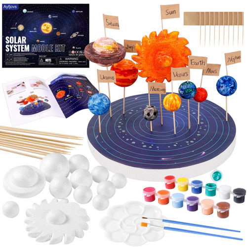 Ayfjovs Solar System Model Kit, Solar System Foam Balls Crafts for Kids School Projects to Learn Planets, Includes Mixed Sizes Polystyrene Balls, Pigments, Flags, Brushes, Bamboo Sticks for DIY