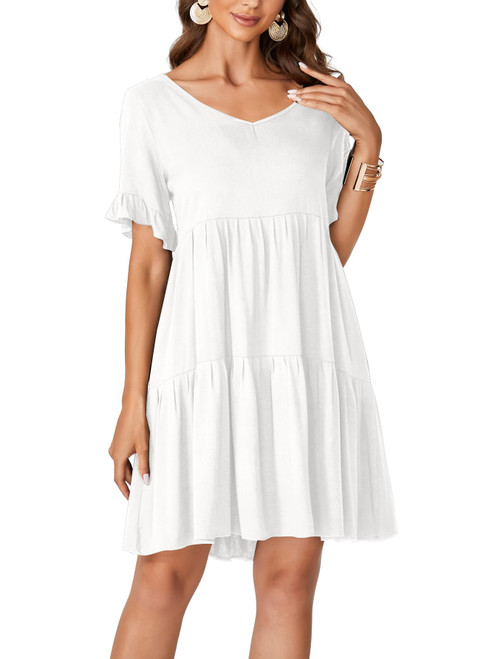 LYANER Women's Summer Tunic Dress V Neck Ruffle Short Sleeve Casual Loose Flowy Swing Mini Dresses White Medium LYANER Women's Summer Tunic Dress V Neck Ruffle Short Sleeve Casual Loose Flowy Swing Mini Dresses White Medium