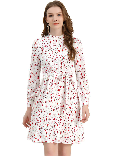 Allegra K Women's Mock Neck Floral Flare Long Sleeve A-line Tie Waist Dress Medium White