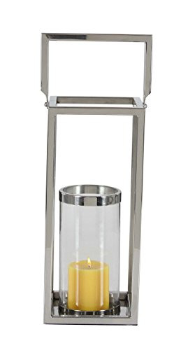 Deco 79 90942 Stainless Steel Rectangular Candle Lantern, 18" x 7", Silver/Clear