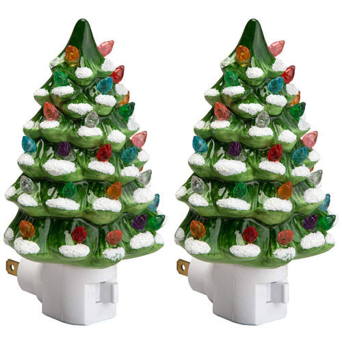 Fox Valley Traders Green Snow-Capped Ceramic Tree Night Light, Set of 2