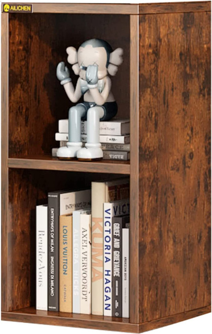 MIN WIN Small Bookshelf, 2 Shelf Bookshelf Bookcase, 2-Tier Wooden Cube Storage Shelf Organizer, 2-Tier Open Shelf Bookcase Bookshelf, Small Nightstand, Small Spaces, Rustic Small Bookshelf
