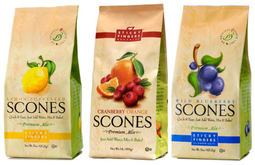 Sticky Fingers Scone Mix Variety Pack in 3 Flavors: (1) Wild Blueberry Scone Mix, (1) Cranberry Orange Scone Mix, and (1) Lemon Poppyseed Scone Mix (3 Bags Total, 16 Ounces Each)