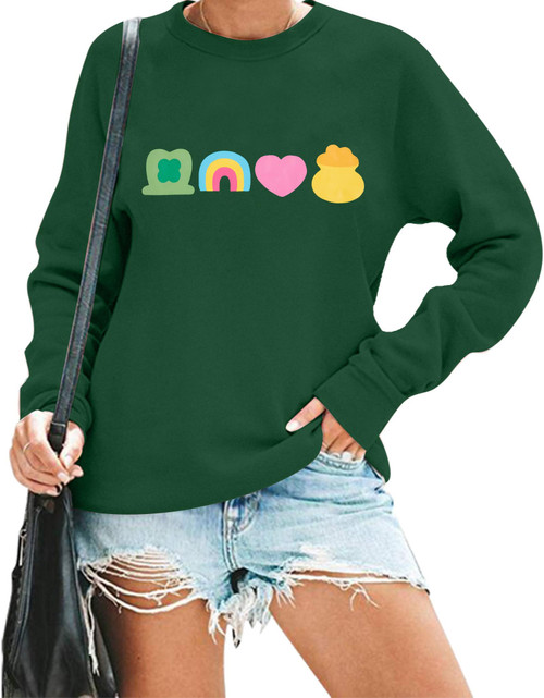 VILOVE Women St. Patrick's Day Sweatshirts Shamrock Lucky Sweater Rainbow Print Casual Irish Long Sleeve Tops