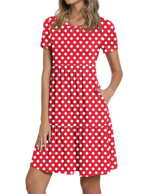 TAOHUADAO Women's 2024 Summer Casual Tshirt Dresses Short Sleeve Ruffle Swing Dress with Pockets Large, Polka Dot Red-White