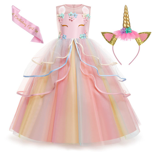 Unicorn Dress for Girls Unicorn Costume Pageant Princess Party Birthday Long Maxi Gown with Unicorn Headband & Satin Sash (Champagne, 170 14-15 Years)