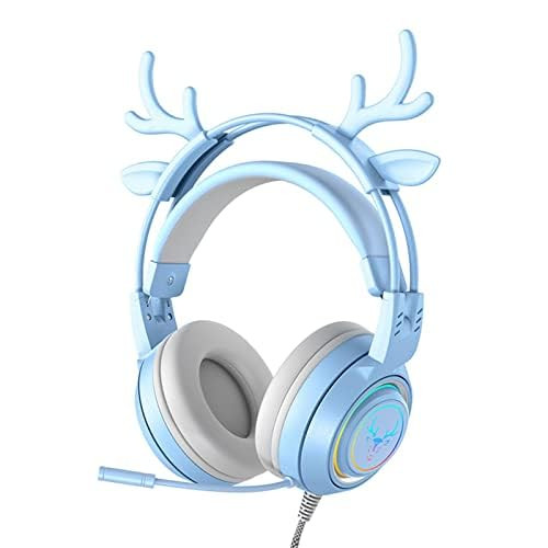 Atrasee Stereo Gaming Headset for PS4 PC Xbox One PS5 Controller, Noise Cancelling Over Ear Headphones with Mic, LED Light, Bass Surround, Soft Memory Earmuffs for Laptop Mac Nintendo (Blue Antlers)