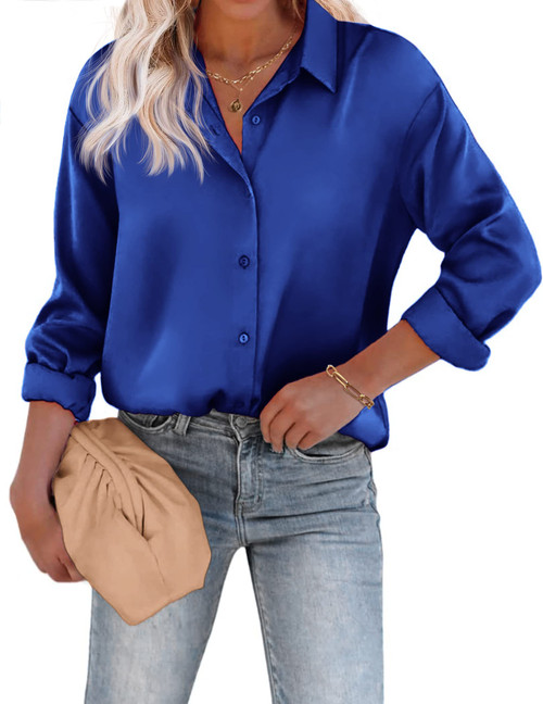 Chigant Women's Satin Silk Long Sleeve Button Down Shirt Formal Work Blouse Top Royal Blue