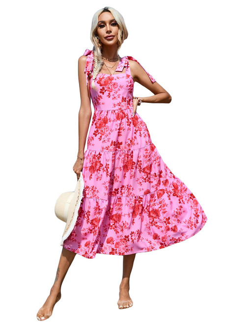 MakeMeChic Women's Boho Floral Tie Shoulder Sleeveless Ruffle Hem A Line Summer Long Dress Pink M