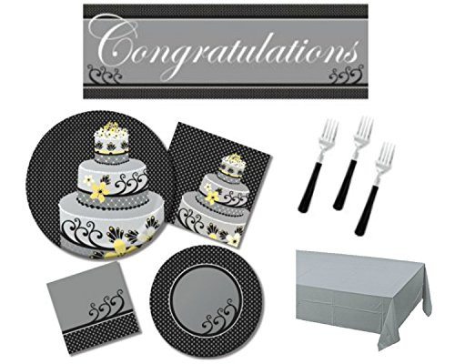 Wedding Bridal Shower Chic Black and White Party Supply Bundle for 16 Guests - Includes Plates, Napkins, Banner, Tablecover and Forks