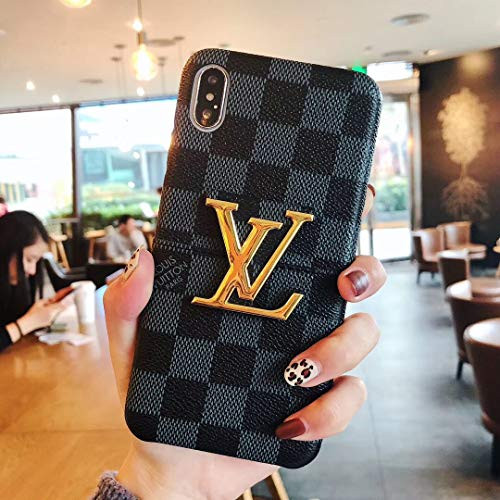 Phone Case for iPhone 8 Plus, Phone Case for iPhone 7 Plus, Luxury Designer Vintage PU Leather Back Metal Logo with Card Slots Protective Case for iPhone 8 Plus, iPhone 7 Plus (Blue Chessboard)