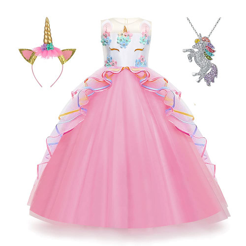 Yipkorra Unicorn Dress for Girls Unicorn Costume Pageant Princess Party Birthday Long Gown with Unicorn Headband & Necklace (Pink, 120 4-5 Years)