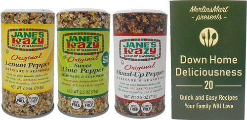 Jane's Krazy Mixed-Up Marinade & Seasoning 3 Flavor Variety - (1) Each: Sweet Lime Pepper, Mixed-Up Pepper, Lemon Pepper (2.5 Ounces) - Plus Recipe Booklet Bundle