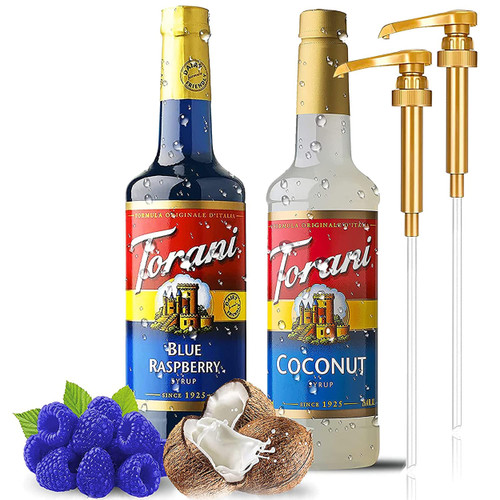Torani Coffee Syrup Variety Pack - Blue Raspberry and Coconut Syrup for Coffee with 2 Jimoco Syrup Pump Dispenser Compatible with Torani Syrup 25.4 Ounces for Blue Raspberry and Coconut Flavored Coffee, Italian Soda, Lattes, Frappes