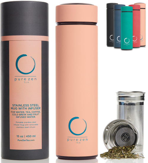 Pure Zen Tea Thermos with Infuser - Stainless Steel Insulated Tea Infuser Tumbler for Loose Leaf Tea, Iced Coffee and Fruit-Infused Water - Leakproof Tea Tumbler With Infuser - 15oz - Pink