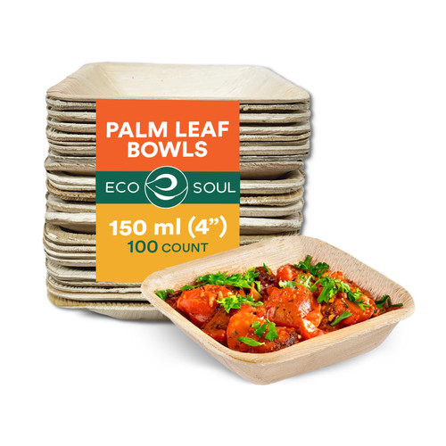 ECO SOUL 100% Compostable Small 4 Inch 5 Oz Square Palm Leaf Bowls [100-Pack] Disposable Dessert Bowls Bamboo Style I Heavy Duty Eco-Friendly Sturdy Bowl I Biodegradable Eco Bowls