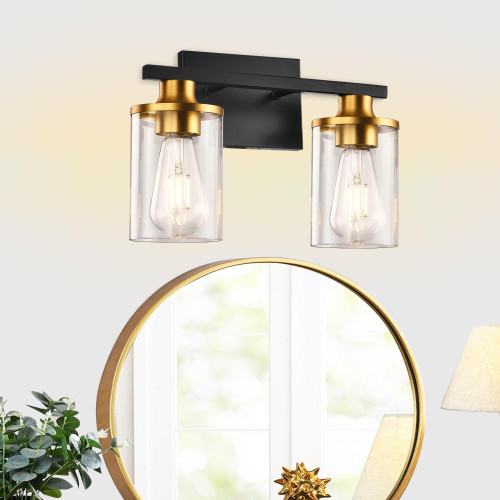Bathroom Vanity Lights,Bathroom Lighting Fixtures over Mirror 2 Light Black Vanity Light with Clear Glass Shade Gold Brushed Nickel Bathroom Light Fixture Wall Lamp Sconces Wall Lights for Bedroom