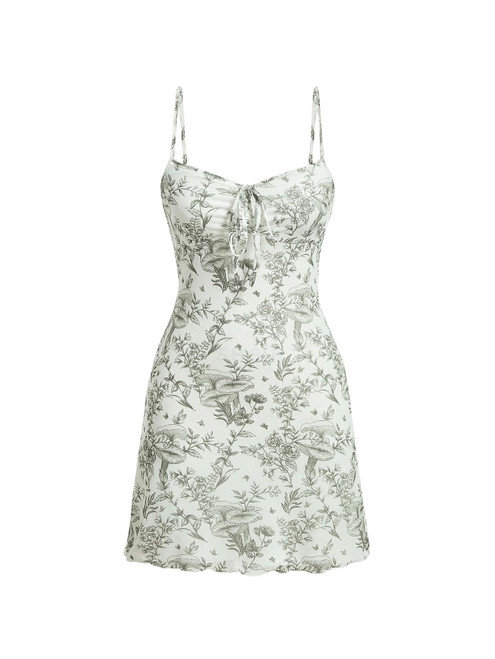 Milumia Women's Floral Print Tie Front Spaghetti Strap Cami Dress V Neck Flare Mini Sun Dresses Floral Green White Large