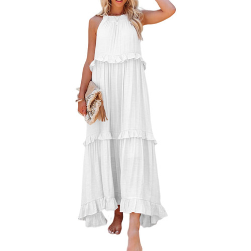 HOTYD Women Sleeveless Dress Ruffle Pleated Flowy White Maxi Dress Halter Neck Beach Comfy Dress Summer Tiered Layered Chiffon Swing Long Cute Dresses for Teen Girls XL