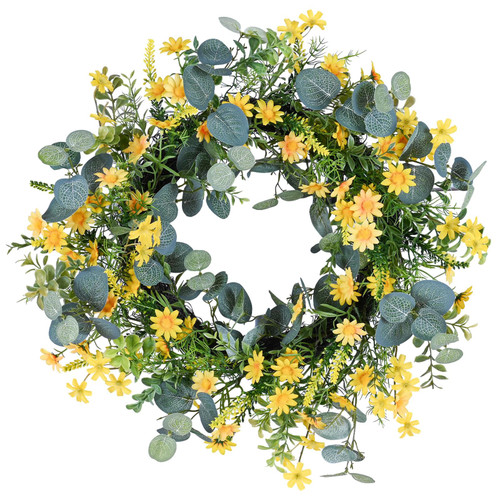 22'' Eucalyptus Wreath, Artificial Eucalyptus Leaves Wreath with Yellow Flower Spring Summer Greenery Leaves Wreath for Front Door Wall Window Decor
