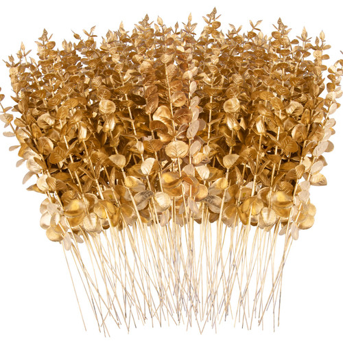 FEQO 120 Pcs Artificial Eucalyptus Stems 15 inch Gold Eucalyptus Leaves Stems Faux Eucalyptus Stem for Vase Wedding Bouquet Home
