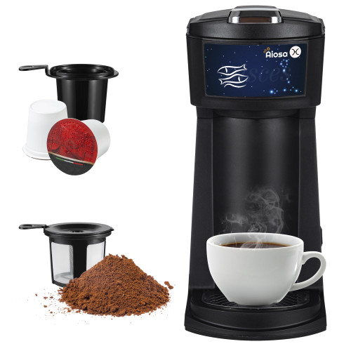 Aiosa Constellation Single Cup Coffee Maker 2 in 1 for K cup Pods&Grounds, Mini k cup Coffee Maker 6 to14oz, Fast Brew One Button Operation, Auto Shut off, Reusable Filter,Pisces