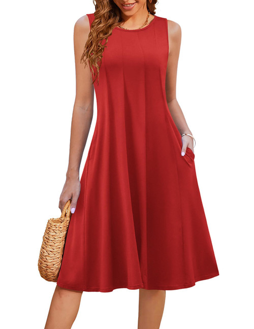 HOTOUCH Women T Shirt Dress Red Midi Dress Sleeveless Swing Dress with Pockets 2024 Women Pleated Casual Summer Sundress Flowy, Red M