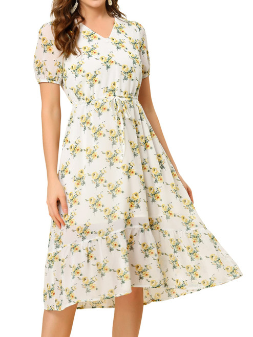 Allegra K Women's Casual Floral Ruffle Hem V Neck Tie Waist Chiffon Midi Dress Medium White