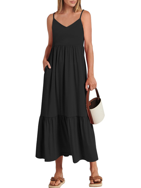 ANRABESS Women's Maxi Dress Casual Sleeveless V Neck Flowy Tiered Beach Dresses Summer Aline Swing Boho Long Dress with Pockets 2024 Spring Vacation Teacher Outfits Trendy1068heise-M Black