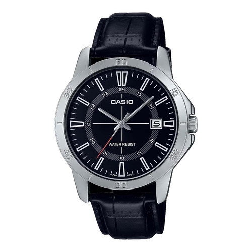 Casio MTP-V004L-1C Men's Stainless Steel Black Leather Band Black 24 Hour Dial Date Watch