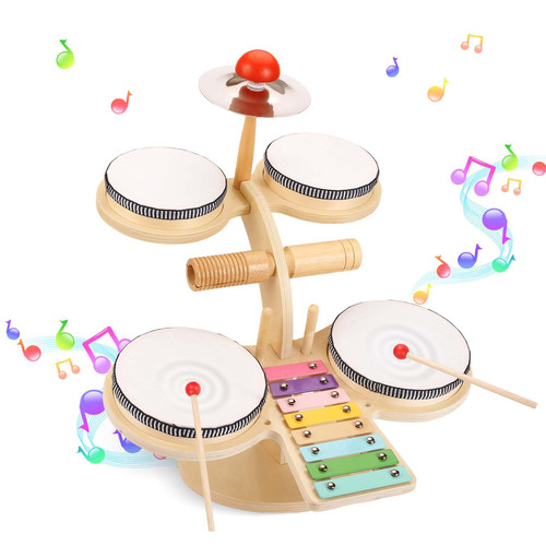OATHX Kids Drum Set, Toddler Drum Kit, 8 in 1 Wooden Xylophone Musical Instruments Toys for Kids, Percussion Instrument Birthday for Boys Girls Children